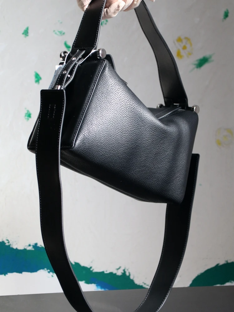 Black Fashion Simple Boston Bag Genuine Leather Women Tote Bag\Handbag Real Leather Female Armpit Shoulder Crossbody Bag