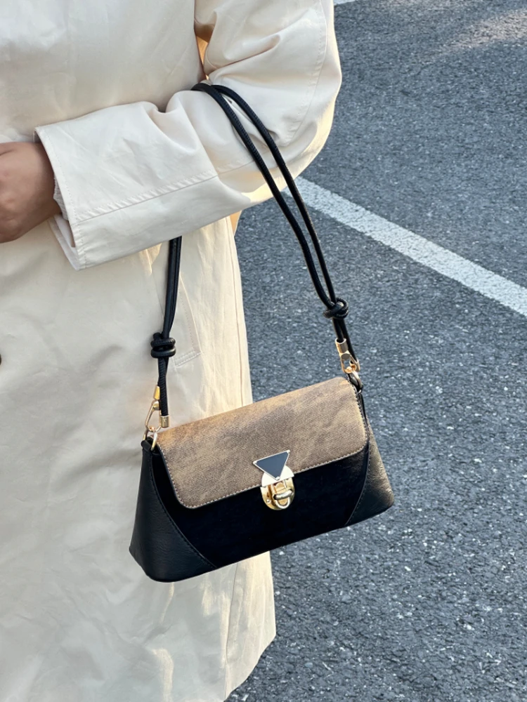 Retro Contrast Color Underarm Bag Women's Fashion Autumn Winter Crossbody Bag Versatile Commuting French Bread Single Shoulde...