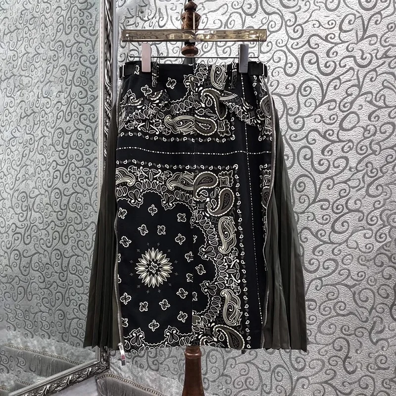 

New Arrival Skirts 2024 Spring Fashion Skirt High Quality Cotton Women Vintage Prints Zip Deco Mid-Calf Length Pleated Skirts