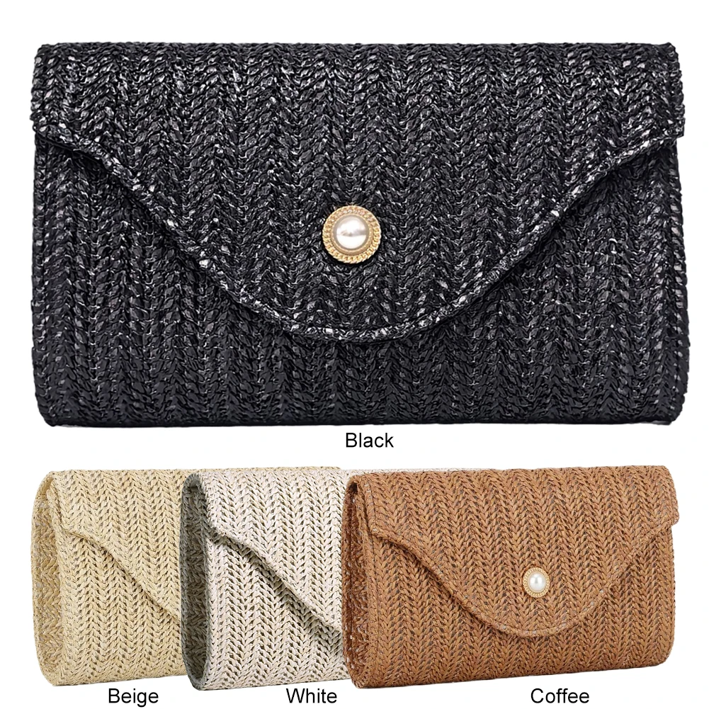 Women Straw Woven Bag Fashion Shoulder Bag Pearl Decor Straw Clutch Purse Woven Envelope Shoulder Bag Summer Beach Bag