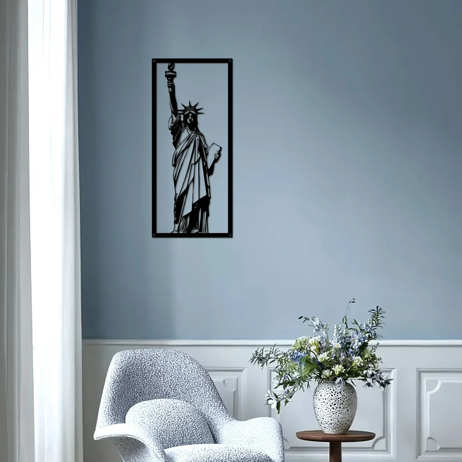 HELLOYOUNG  Statue Of Liberty Metal Wall Art Framed Wall Decoration Neoclassical Style Decoration for Bedroom Office Sofa Backgr