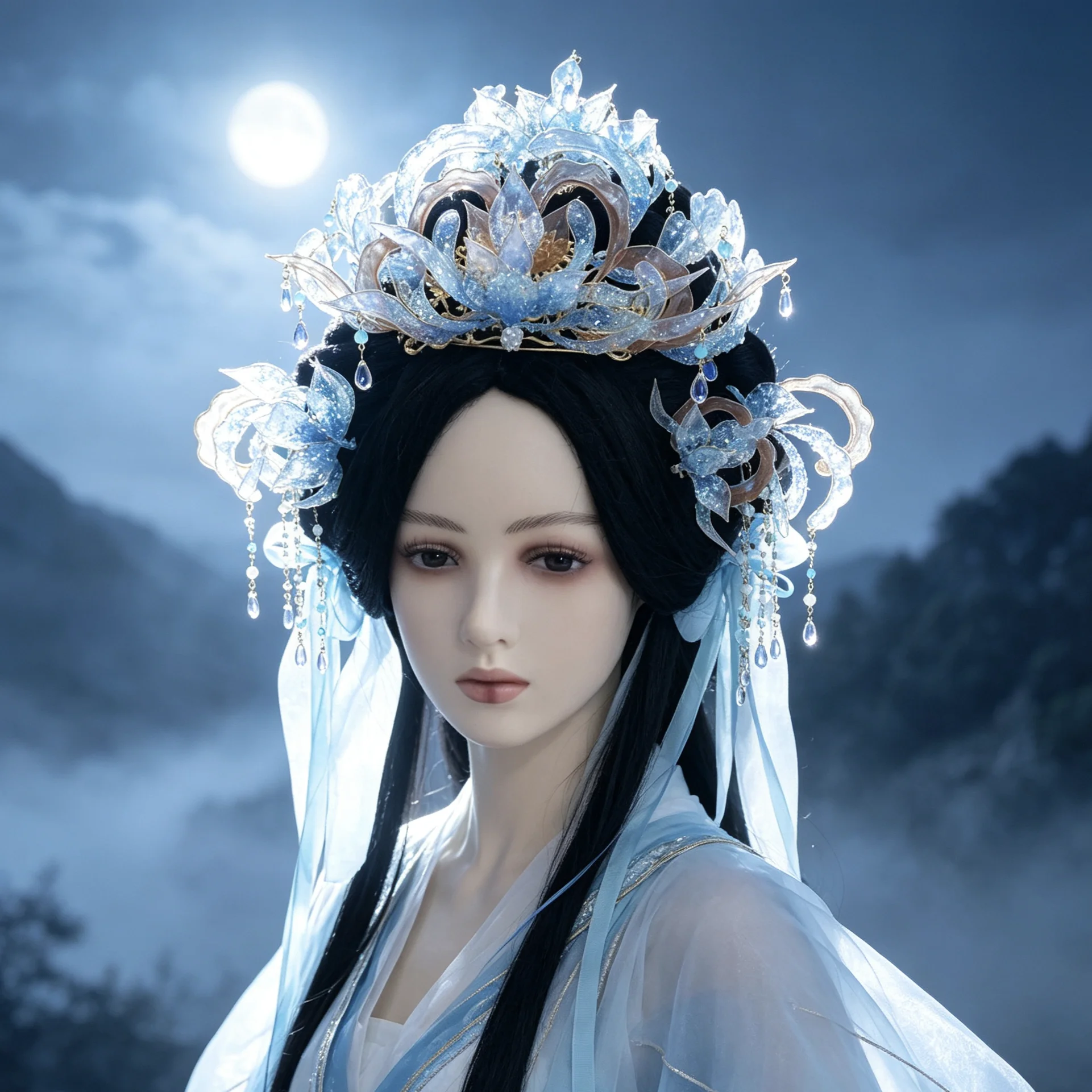 Chinese Vintage Blue Lotus Flower Tassel Headdress Hanfu Cosplay Wuxia Fairy Hair Crown Chinese Ancient Style Hair Ornament