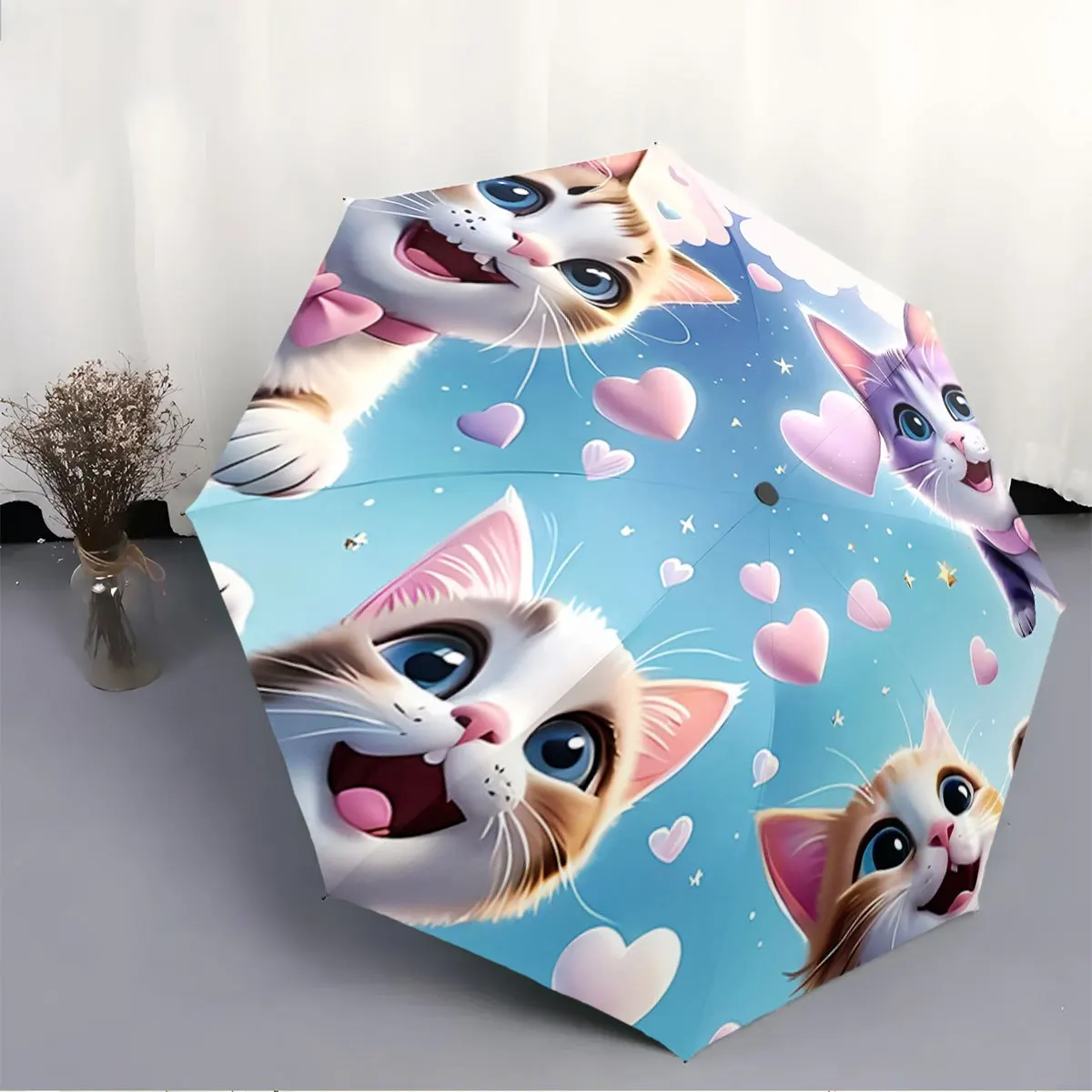 

Automatic Folding Umbrella Cute cartoon cats with pink hearts and stars. Portable collapsible design, casual outdoor accessory