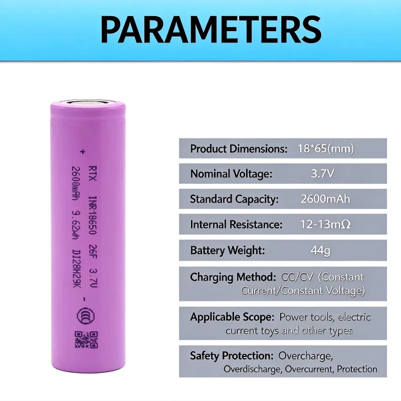 100PCS For 18650 Lithium Battery 2600mAh 3.6V Flat Head 3C Discharge EV Lithium Battery Pack