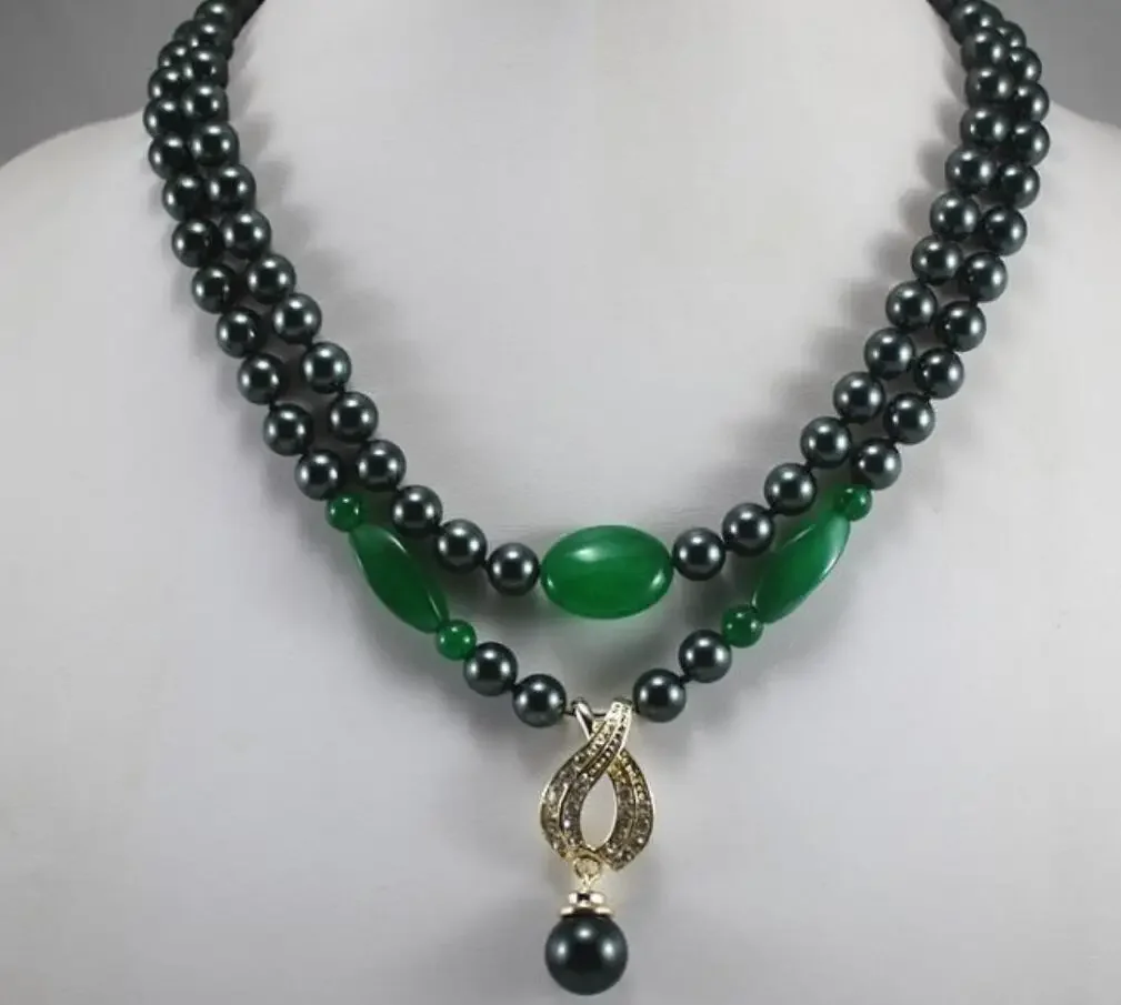 

Fashion design 2 rows of 8mm black shell beads + Green pendant metal silver plated accessories necklace pendant