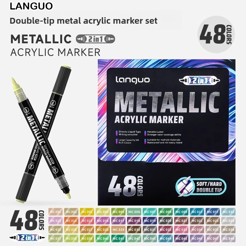 

LANGUO 48/12 металлические цвета, двойной наконечник, прямые жидкие маркеры, накладка без кровотечения, мягкий наконечник, искусство для DIY, школьные принадлежности, канцелярские принадлежности