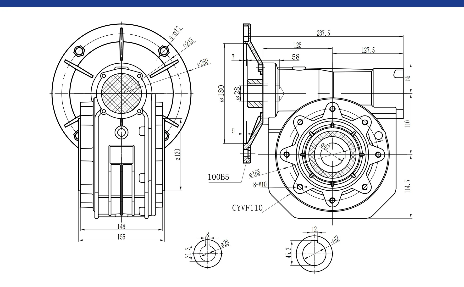 CHENYUE Worm Gearbox CYVF110 Gear Reducer  Input 19/24/28/38mm Flange80B5,90B5,100B5,132B5 Output 42mm Ratio 7.5:1-100:1
