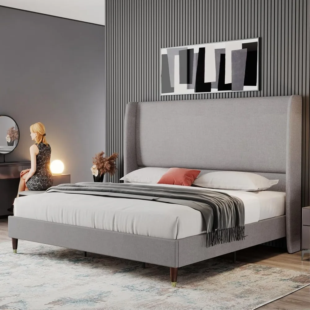 

Linen-Covered Tall Upholstered Queen Bed Frame with 51.2" High Headboard, No Box Spring Needed, Wood Slat Support, Easy Assembly