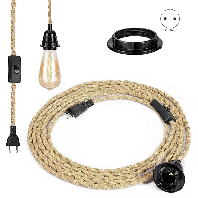 A25F-Retro Rope Chandelier Cord, Table Lamp Accessories With Cord Switch Plug (Without Bulb) EU Plug