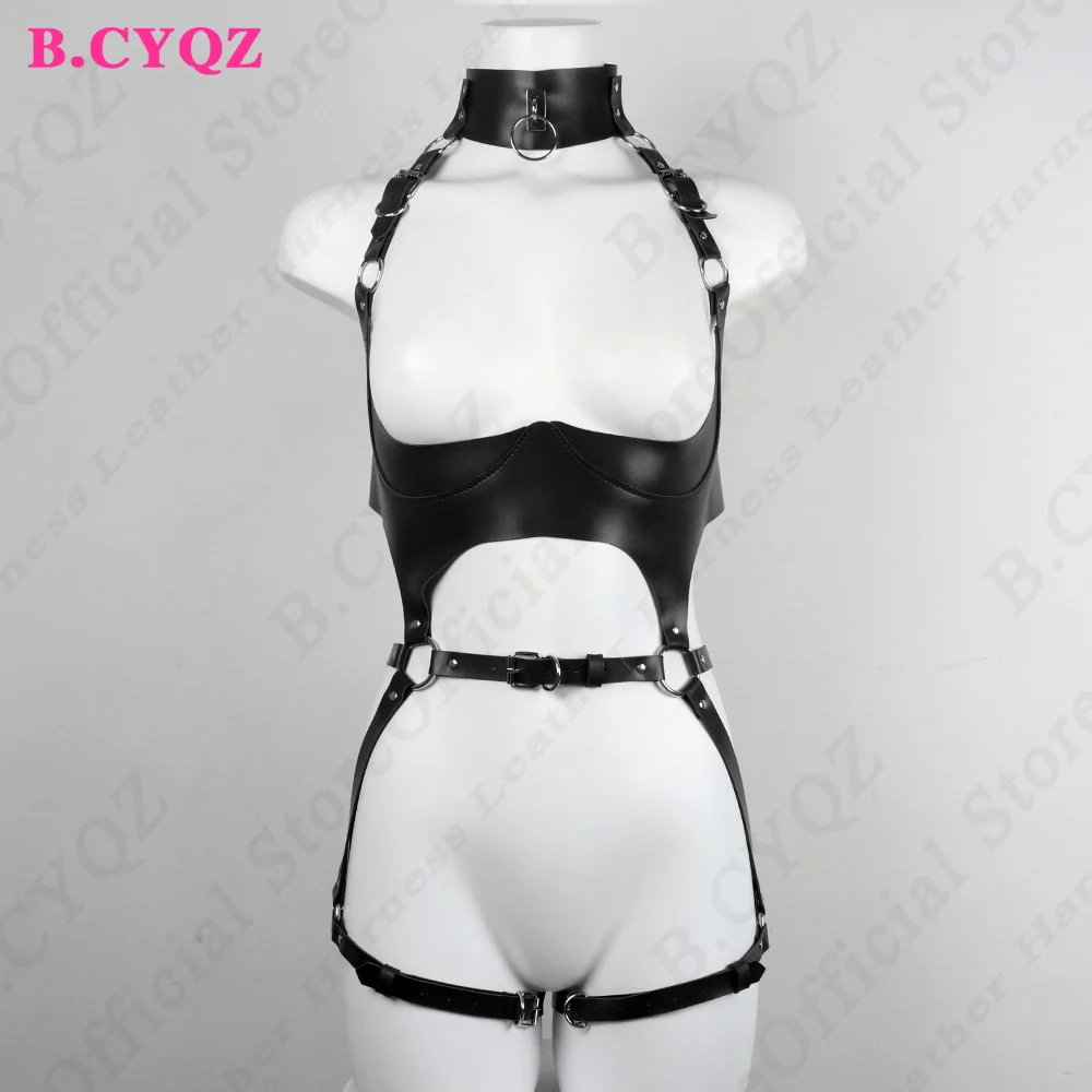 Conjunto de arnés de cuero Sexy para mujer, lencería Bondage BDSM, arnés corporal, cinturón fetiche, liguero, ropa gótica