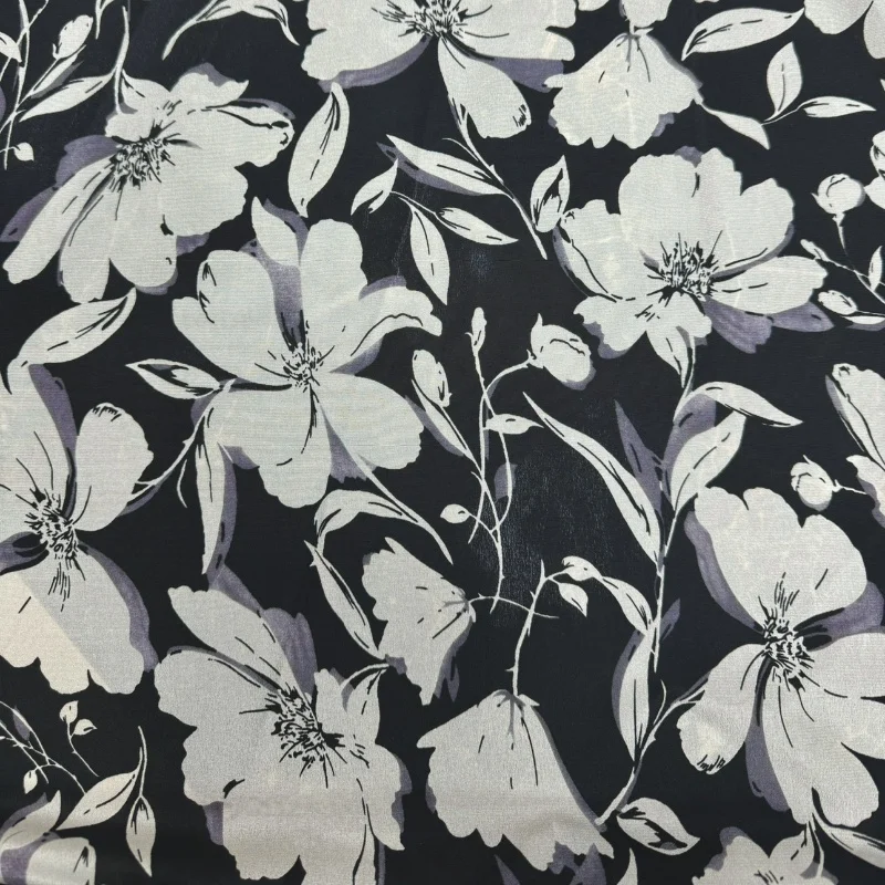 

Ткань из 100% тутового шелка 19 momme Crepe Silk, черная, с большим белым цветочным принтом, 114 см, ширина 55 дюймов, по дворам JX061