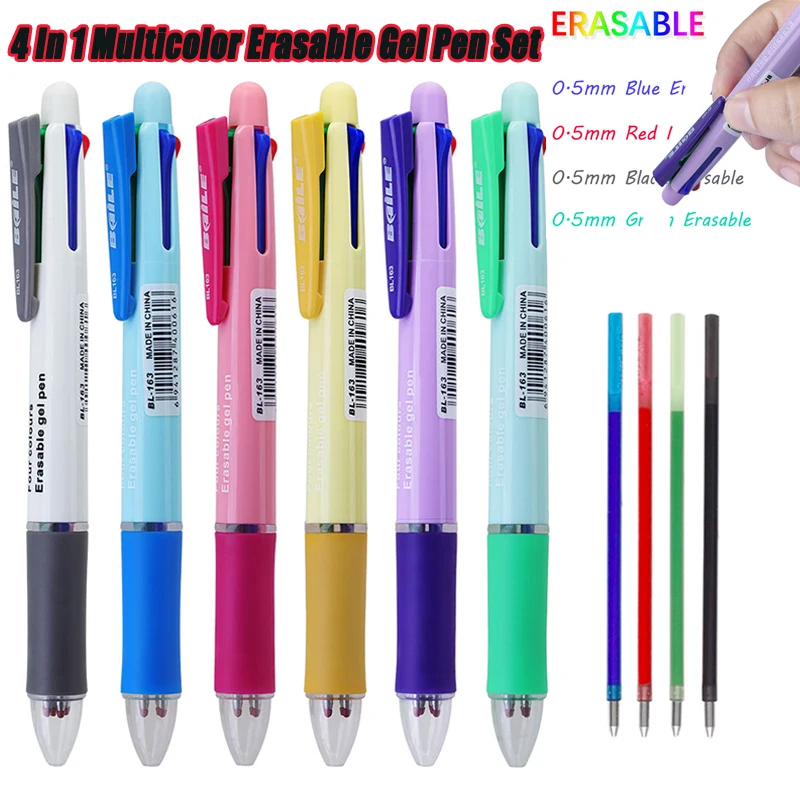 4-in-1 Mehrfarbiger Radierbarer Gelstift Kugelschreiber, 4 Farben 0,5mm Abwaschbarer Griff Magischer Nachfüllstift, für Schule Schreibwaren
