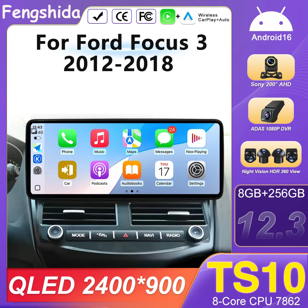 Android auto Wireless CarPlay For Ford Focus 3 2012-2018 Touch Screen Multimedia Display Navigation GPS WIFI 4G BT DVR