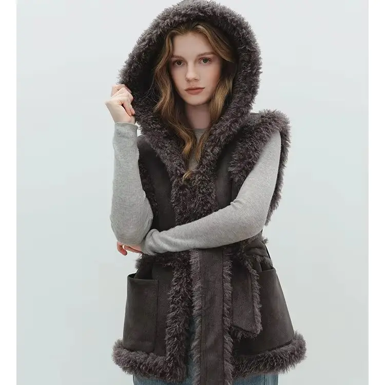 IG Women Hooded Faux Fur Trim Suede Panel Open Front Vest, Side Pockets Mid-Length Winter Warm Casual Layering Outerwear