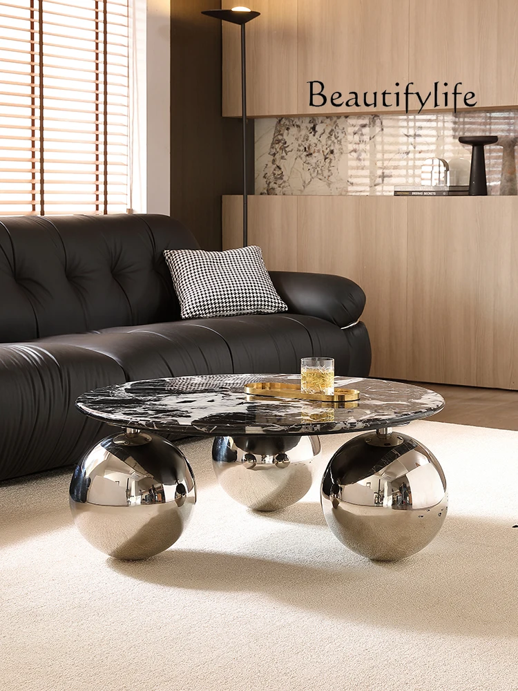 Italian Minimalist Marble Coffee Table round Stainless Steel Brushed Designer Creative and Slightly Luxury Modern