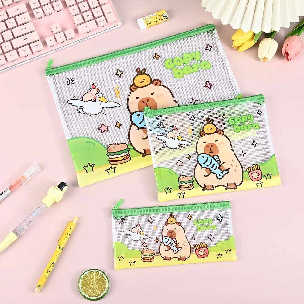 

3 шт., высококачественная сетчатая сумка для файлов из ПВХ A4/A5/A6, сумка для ручек с капибарой на молнии, водонепроницаемый органайзер для файлов большой емкости