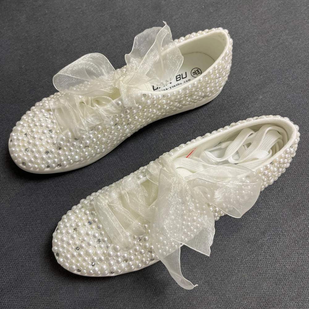 Pearls Shoes Wedding Dress Bride Flats Lace Strap Hand Made Personal Customize Letters on Shoes Women Cute Sneakers