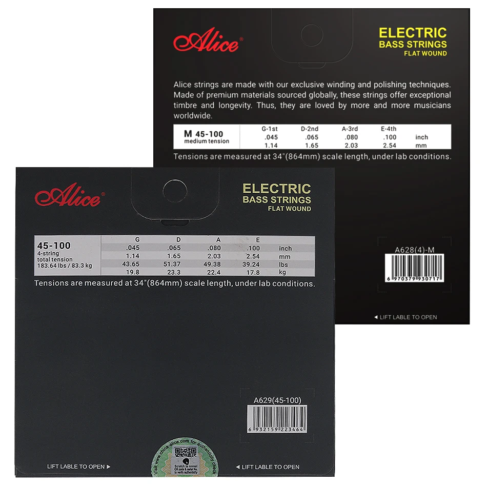 Alice A628 A629 Flat Wound Electric Bass Strings 4-Strings Hexagonal Core NI-Steel/Chrome Alloy Winding