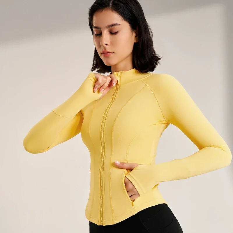 Jaket olahraga wanita, baju fitness lari yoga berleher bulat slim-fit super elastis kecepatan kering