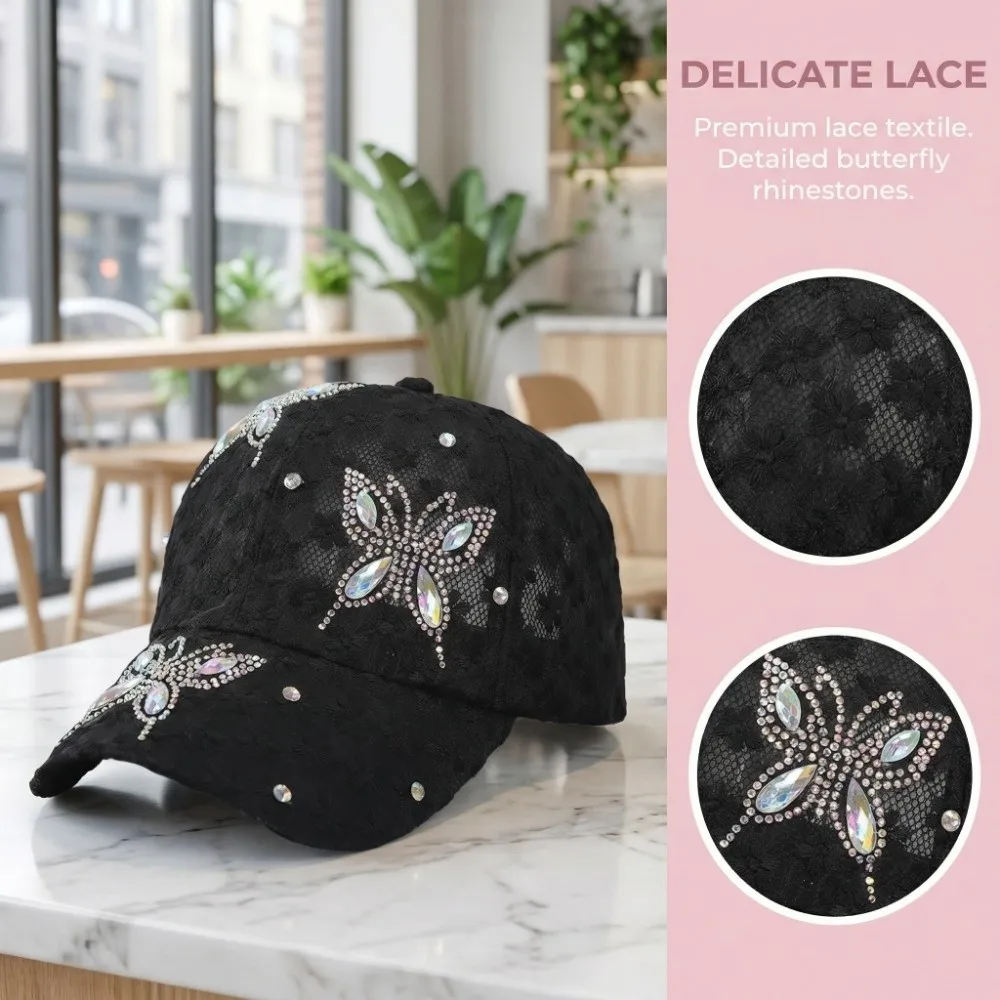 

Breathable Butterfly Flower Baseball Cap Rhinestone Korean Style Visors Cap Hip Hop Adjustable Mesh Peaked Hat Outdoor