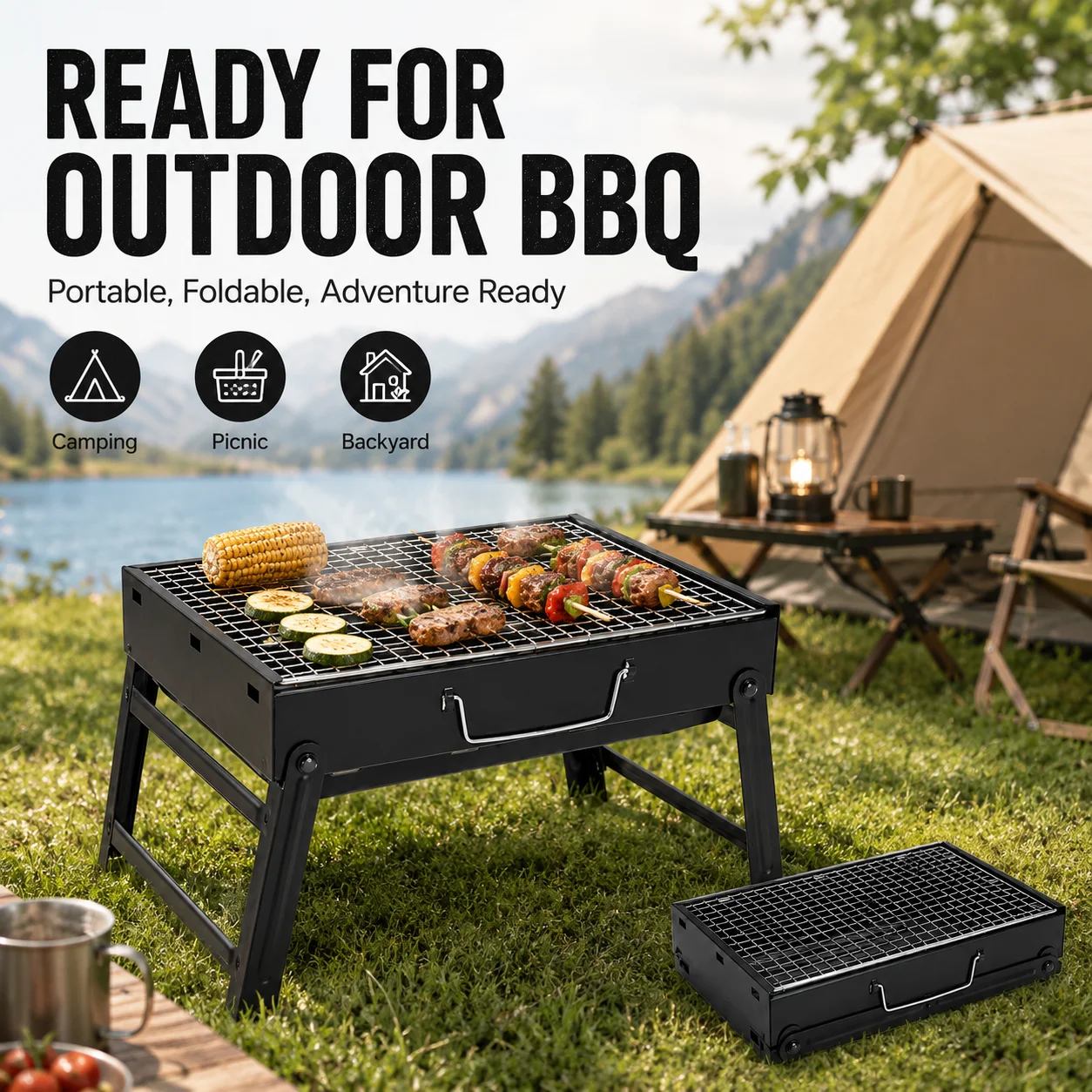 

Stainless Steel Folding BBQ Grill – Lightweight, IGT Modular, Anti-Scald Handle, Adjustable Height, Carry Bag, Heavy Load for Ca