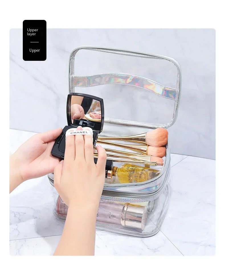 Transparente Kosmetiktasche für Damen, Netzkjolendesign, große Kapazität, Reise-Waschtasche für Mädchen, tragbar, wasserdicht, Aufbewahrungstasche – Detail 6
