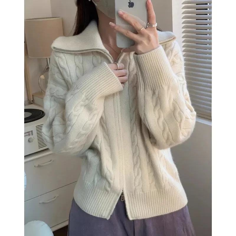 

Western turtleneck twist cashmere cardigan women autumn and winter lazy loose thick sweater with knitted woolen coat