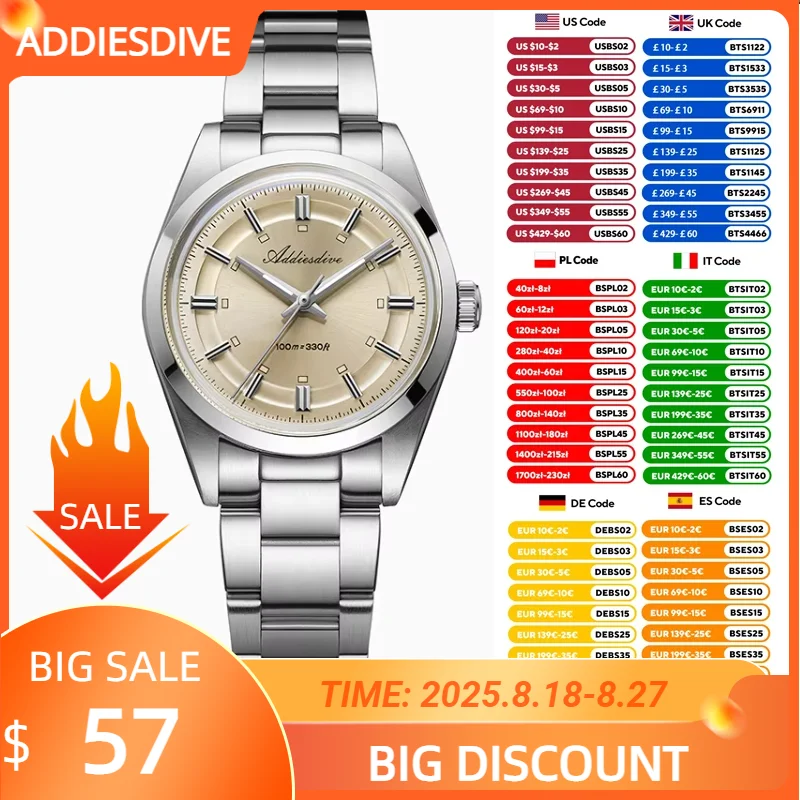 

ADDIESDIVE Male Clock VH31 Movement Watch For Men Waterproof Stainless Steel Bubble Mirror Glass 36MM Men's Quartz Watch AD2515