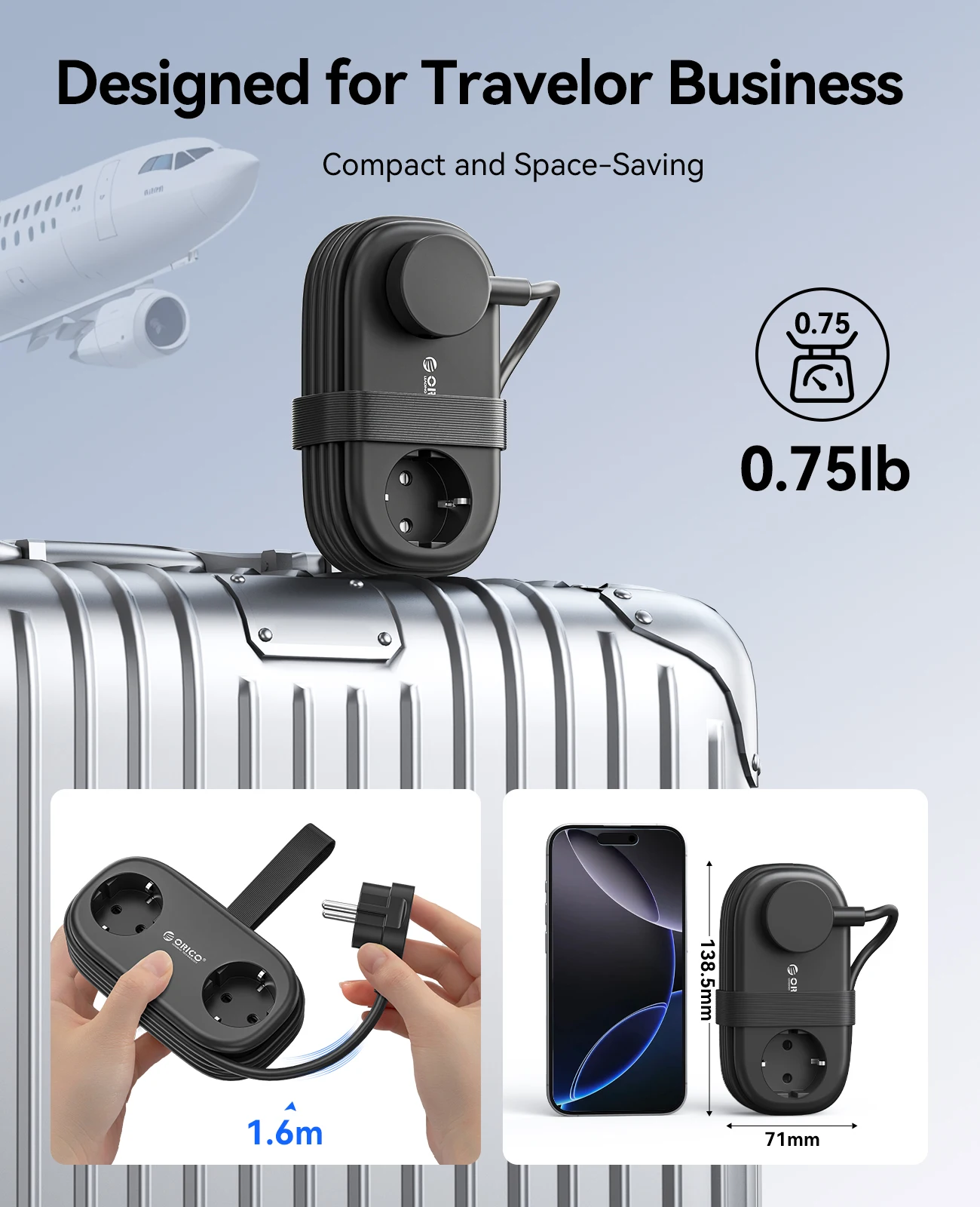 ORICO Spina UE GaN 65W Multipresa Prese 2AC 2 Porte USB 1 Tipo C Adattatore portatile Cavo di prolunga Ricarica rapida per viaggi a casa