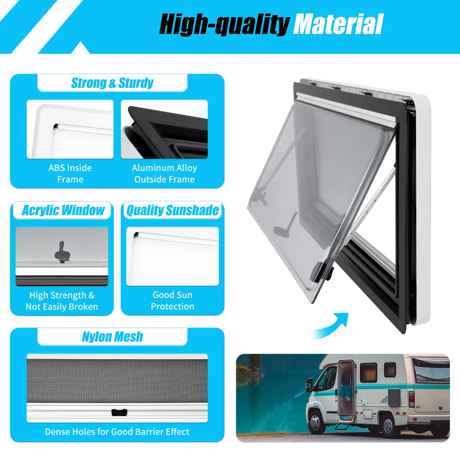 Caravan Extrapolated Ventilation Window, Motorhome Window, Caravan Exhaust Windows Opening Angle 70° with Sunshade & Insect Mesh