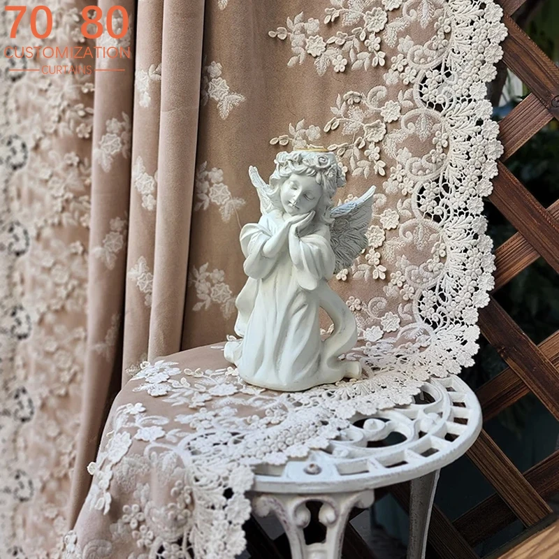 Milk Tea Color Embroidery Lace Velvet Thickened Curtains for Living Room Bedroom French Window Balcony Customized Finished