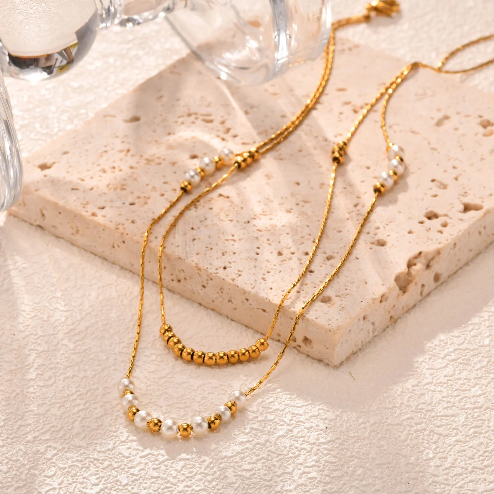 Beaded Stackable Chain Necklace, Stainless Steel Clavicle Multilayer Chain Pearl Jewelry for Women Christmas Gifts