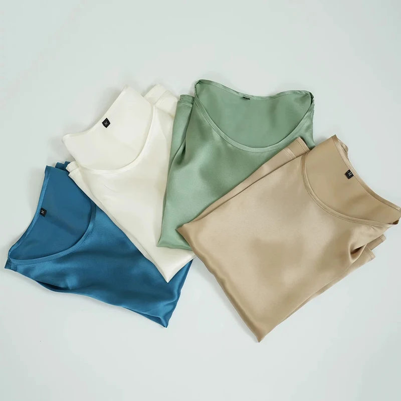 100% Mulberry Silk Women's Summer Vest Tops New Silky Satin A-level Soft Sleeveless Female Solid O-neck Real Silk T-shirt Tank