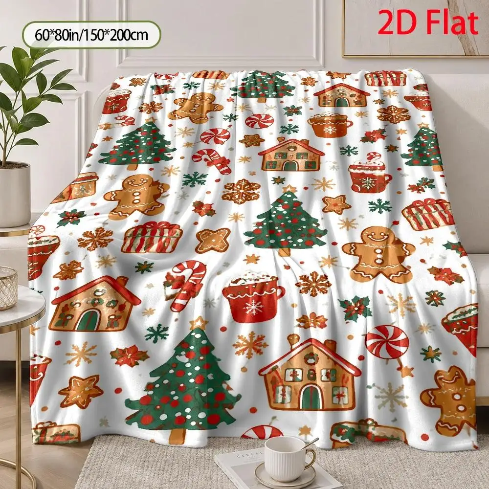 Christmas Gingerbread Flannel Blanket Candy Cane Tree House Cookie Holiday Throw Blanket for Sofa Bed Couch Bedroom Living Room Seasonal Home Decor Christmas Gift Cozy Nap Blanket Office Travel Winter Bedding Festive Room Accent Holiday Sofa Decor
