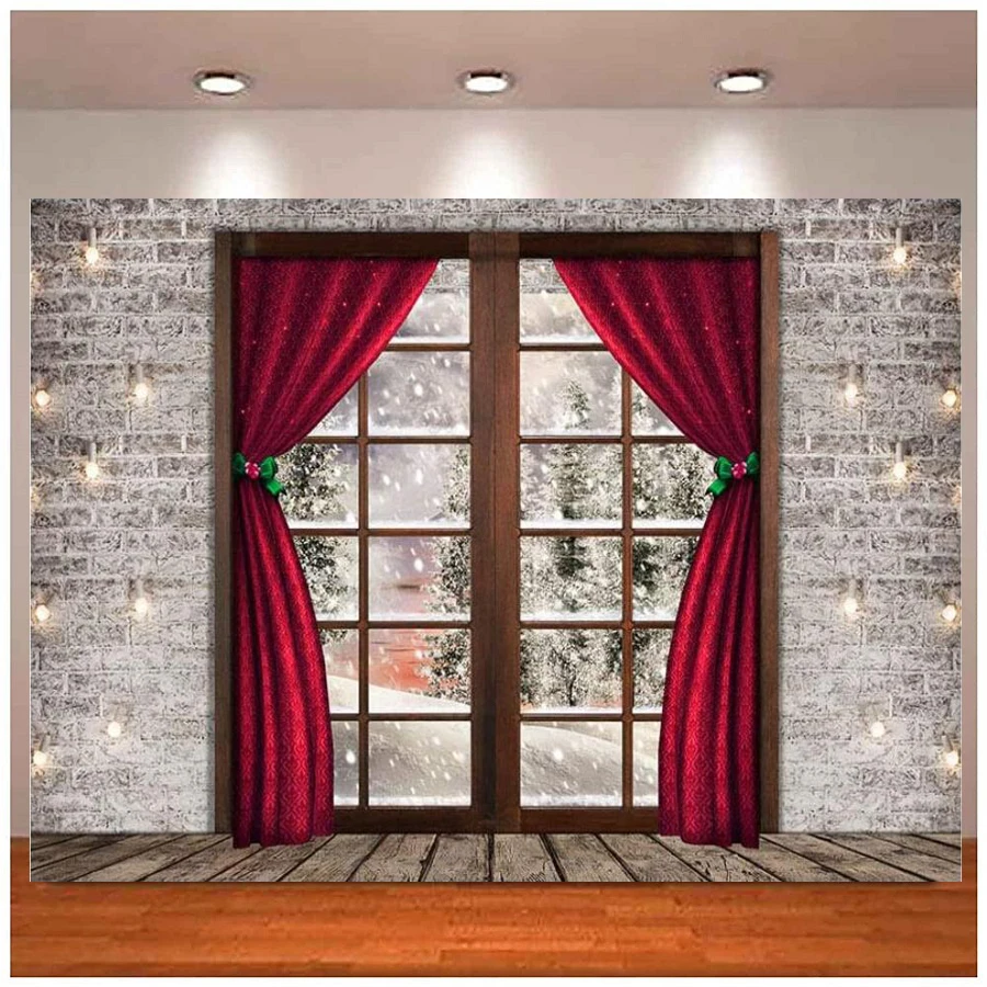 Winter Christmas Red Curtain Window Photography Backdrop Glitter Lights Brick Wall Snowflake Tree Background Brown Wood Floor