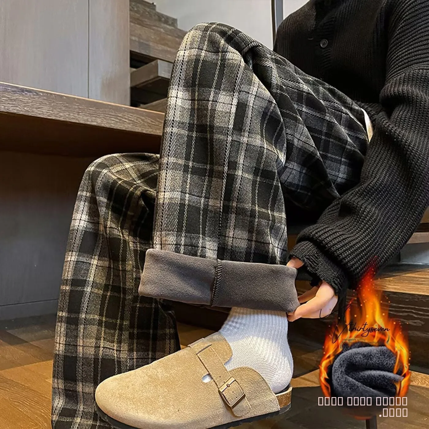 

Теплые мужские брюки в клетку в стиле ретро, осенне-зимние, на флисовой подкладке, с высокой талией, прямые, широкие, в пол, из шерсти