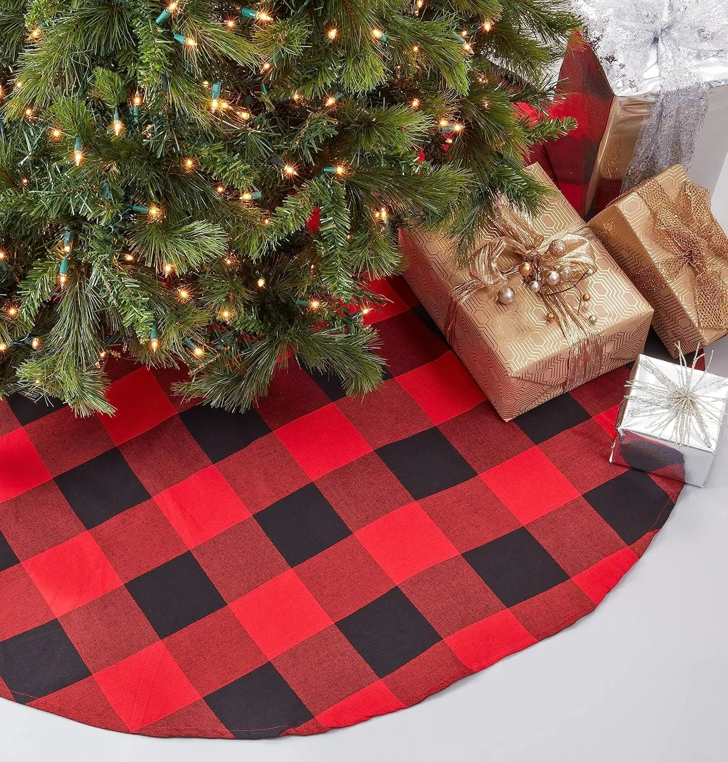 

Buffalo Plaid Design Cotton Christmas Tree Skirt, Red, 84"