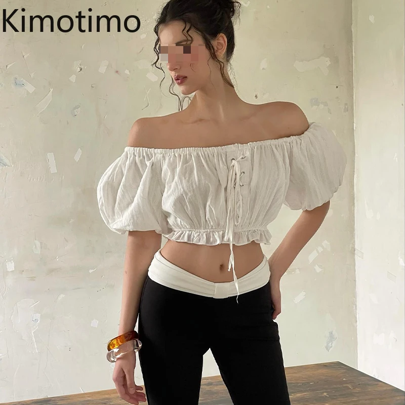 

Kimotimo French Sexy Slash Neck Short Shirts Women Sweet Puff Sleeve Folds Slim Fit Tops Simple Versatile Spicy Girl Y2k Blouse