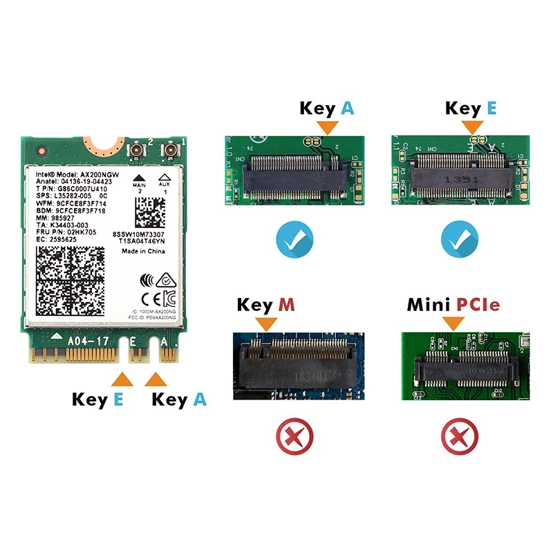 Antena Adaptador Sem Fio Dual Band, Placa de Rede Intel AX200 M.2, AX200NGW Desktop Kit, Bluetooth 5.2, WiFi 6, 802.11ax