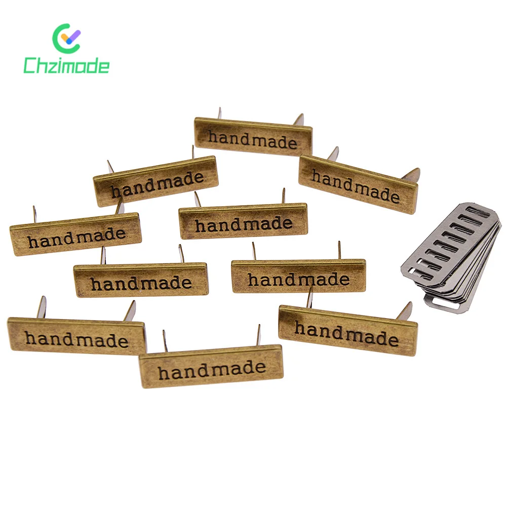 Chzimade 10Pcs Hand Made Metal Labels Tags Handmade Garment Labels for Clothes Jeans Shoes Bags DIY Letter Sewing Crafts