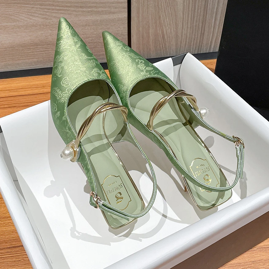 Satin Luxury Pointed Toe High Heels Women Fashion Designer Sandals Women Green Slingback Party Dress Shoes Muller Pumps Women