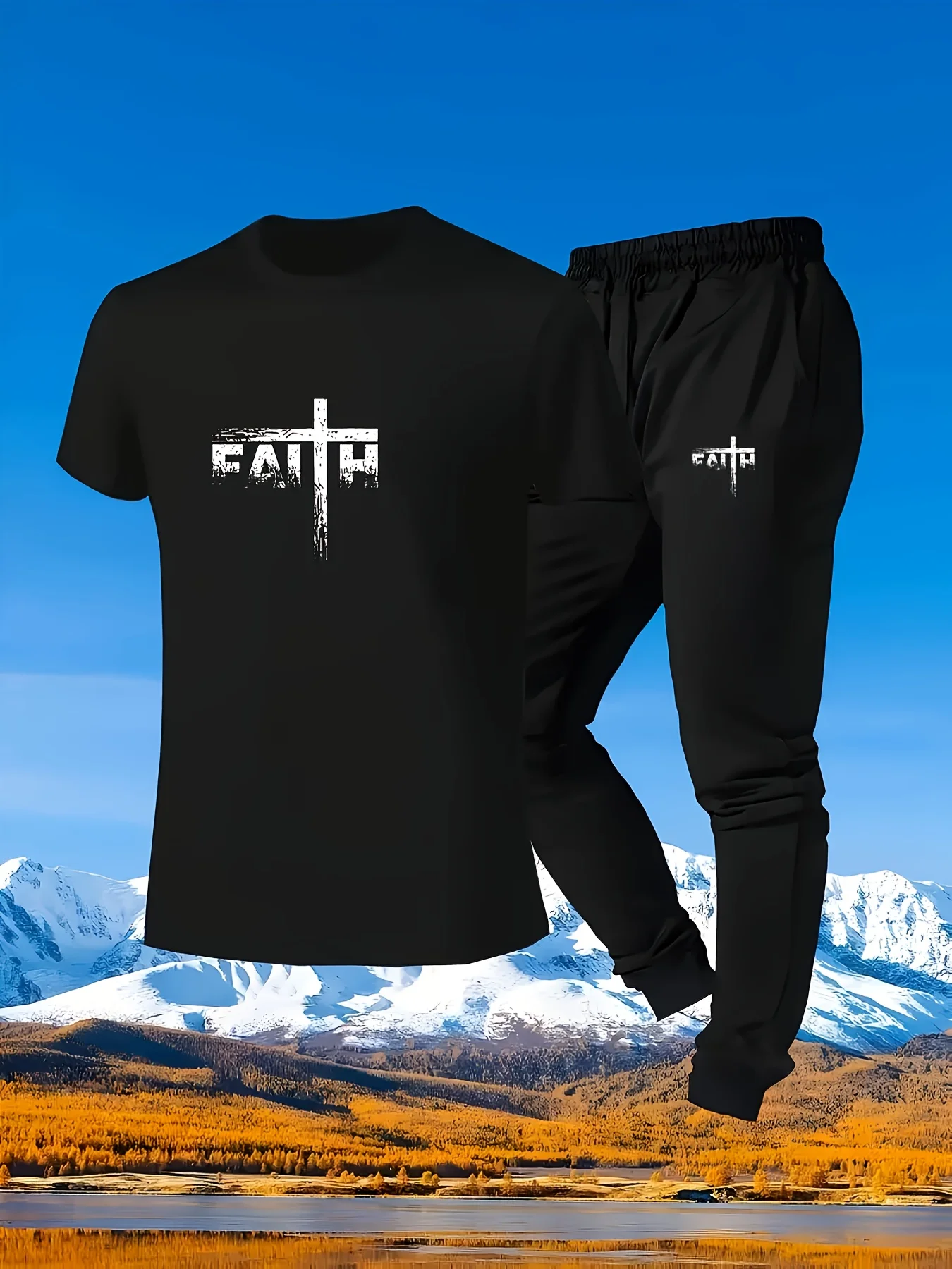 

Men's Cotton 2-Piece Outfit for All Seasons - T-Shirt and Pants with Cross Print, Ideal for Fitness & Outdoor Activities