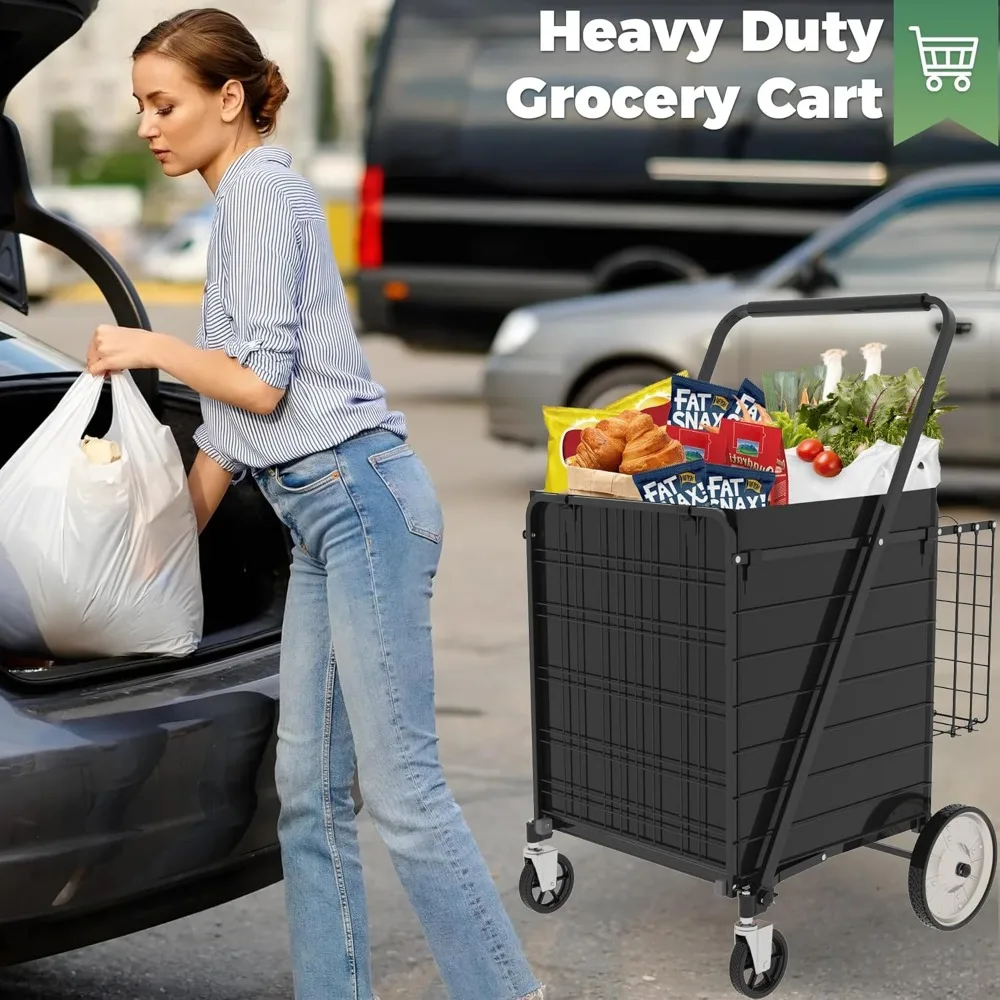 Robuster zusammenklappbarer Einkaufswagen für Lebensmittel – großes Fassungsvermögen mit 360° °   Schwenkräder, Hinterräder aus Metall, wasserdichtes Design