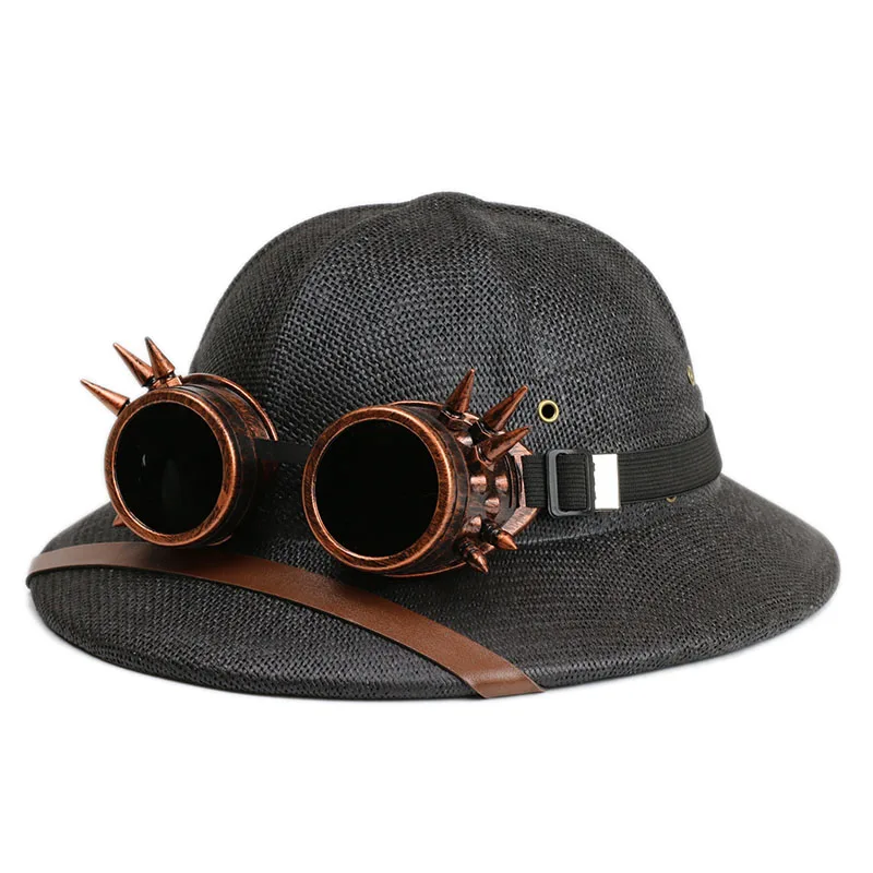 Parent-child Novelty Vietnam War Army Straw Hat Steampunk Helmet Pith Sun Hat Women Men Glasses Safari Jungle Miners Cap