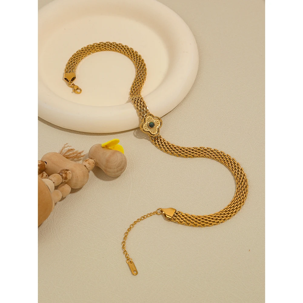 YACHAN 18K Plated Gold Stainless Steel Coarse Chains Necklace for Women Flowers Natural Stone Chain Bracelet Necklaces Jewelry