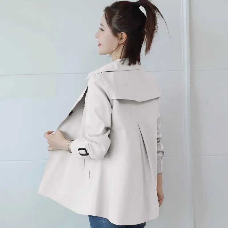 Spring Autumn Short Trench Coat Women's Khaki Design Long Sleeve Jacket Single-Breasted Coats Tie Black Tops