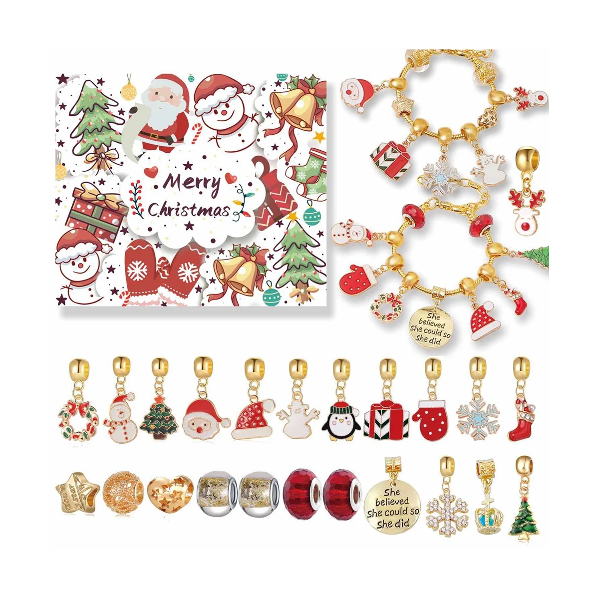 Christmas Calendar, Girls Christmas 24 Days Countdown Calendar DIY Charm Bracelet Blind Box, 22 Charm Beads,B