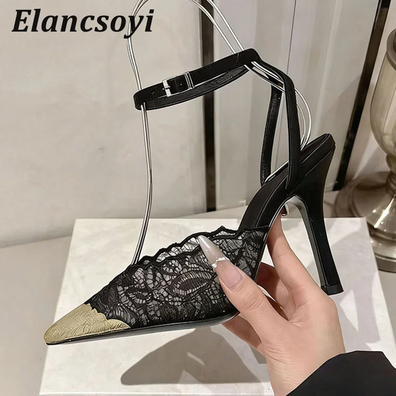 High Heels Sandals Women Metal Lace Pumps Pointed Toe Thin Heels Ankle Strap Sandalias Summer Sexy Banquet Dress Shoes 2026
