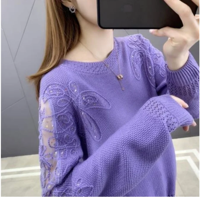 

2023 Women New Sweater Fashion Short Embroidered Pullover Lace Knitwear Thin Loose Openwork Trending Sweater Autumn and Winter