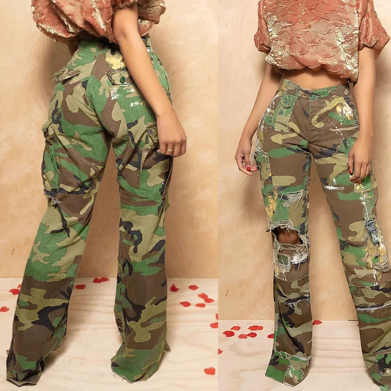Streetwear Camouflage Print Ripped Cargo Pants 2025 Clothes Women‘s High Waist Multi Pocket Straight Pants Fashion Y2K Trousers